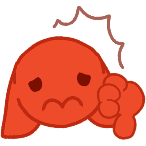 A red, upset-looking canine creature giving a thumbs down. There are red emphasis marks beside the face.
